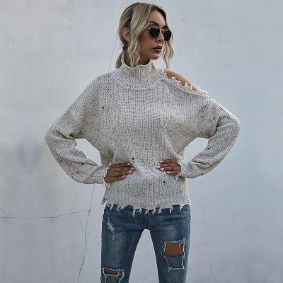 China Anti-Wrinkle Throw Over Sweater Fringe Long Sleeve Distressed Tortoise Neck Knitted Sweater Women Cuello Viola for sale