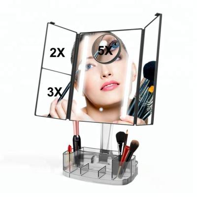 China Portable Mirror Desktop Trifold Vanity Design Touch Screen Makeup Mirror with LED Lights for sale