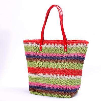 China Colorful Fashion Candy Stripe Baskets Open Fancy Diy Crochet Bag Paper Material Beach With PVC Handle for sale