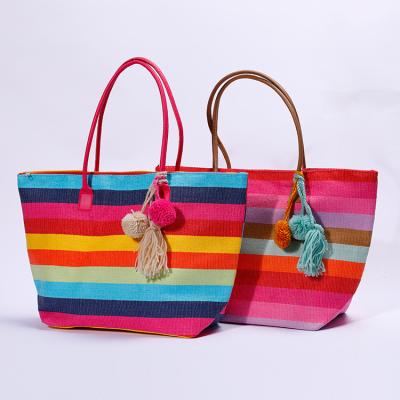 China Lady Handmade Lovely Travel Beach Bag Rainbow Color Striped Women Beach Bags With Fluffy Tassels for sale