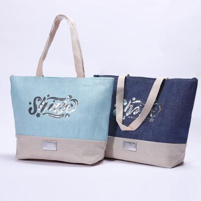 China Fashion Letters Embroidery Pattern Casual Style Big Beach Bags Girls Beach Bag With Zipper for sale