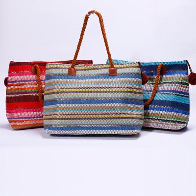 China Logo Bag For Girls, Lady Horizontal Stripe Pattern Beach Bags With Small Fluffy Ball for sale