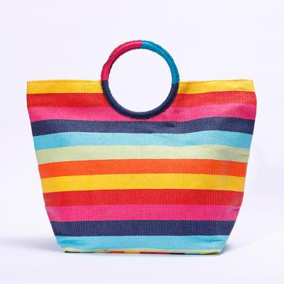 China Lady Retro Rainbow Colors Bulk Recycle Beach Bag , High Quality Beach Bags With Round Handle for sale