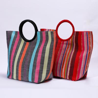 China Custom Made Lady Vertical Stripe Retro Fashion Style Beach Bag Tote Handbag With Round Handle for sale