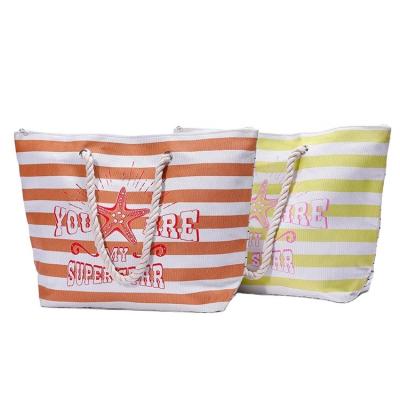 China Other China Made Provide OEM Service Cotton Rope To Handle Soft Casual Stripe Pattern Canvas Beach Tote Bag With Zipper for sale