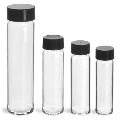 China Personal Care Glass Vials, Clear Glass Vials with Black Polypro Foil Striped Caps for sale