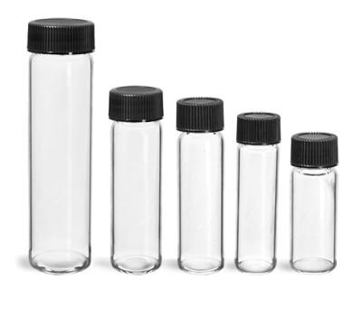 China Personal Care Glass Vials , Clear Glass Vials With Black Ribbed PE Lined Caps for sale