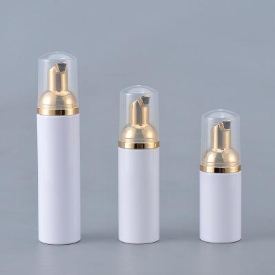 China Recycled materials PET 30ml 50ml 80ml 100ml stock high quality white foam bottle with shinny gold foam pump for sale