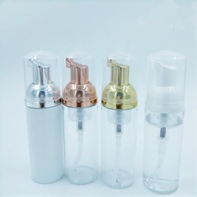 China Stock high quality PET recycled 30ml 50ml 80ml 100ml white and clear foam materials bottle with shinny gold silver rose white foam pump for sale