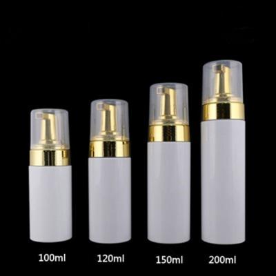 China Stock high quality PET recycled 100ml 120ml 150ml foam materials 200ml white and clear bottle with shinny gold foam pump for sale