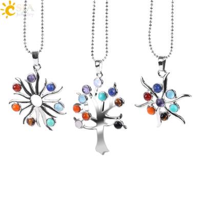 China Fashion 7 Chakra Universal Necklace CSJA Tree of Life OM Yoga Reiki Healing Charm Colorful Beads+Gem Stone Pendant E815 Jewelry for sale