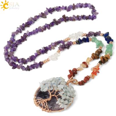 China CSJA 2020 Newest Long Stone Chip of Life Tree Wire Wrap Chakra Pendant Necklace G378 Natural Natural Reiki for sale