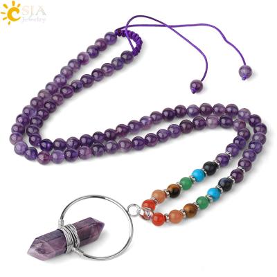 China 6mm CSJA Stone Chakra Hexagon Pillar Natural Stone Chakra Reiki Pendant Beaded Necklaces Sweater Chain For Women G390 for sale