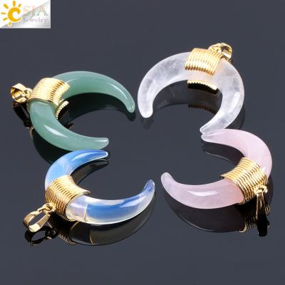 China Double Horn Half Moon Shape + Gold Color Wire Wrapped + Only CSJA Pendant Natural Stone Crystal Crescent Moon Horn Pendant Charm For Necklace Making F064 for sale