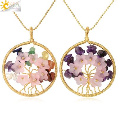 China Natural Bohemian Life Bead CSJA Gold-color Wrap Wire Healing Chip Bead Stone Tree Balancing Charm Pendant Necklace G406 for sale