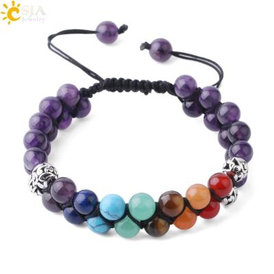 China Natural Stone+Double Layer++7 Chakra Wholesale Braided+Adjustable Crystal Bracelets CSJA Healing 7 Color Natural Amethyst Stone Men's Adjustable Bracelet F779 for sale