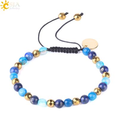 China Natural Stone Round Beads+6mm+Handmade Braided Rope+Multicolor Bead Design Handmade Natural Stone Adjustable Women F536 Lapis Lazuli Gold Color CSJA Weave Bracelet for sale