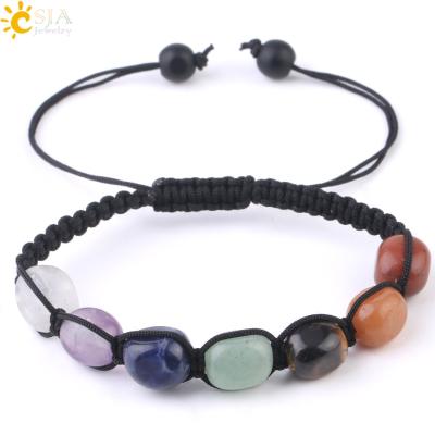 China Natural Stone + 7 Chakra + Irregular Beads + Braided Rope + CSJA 2021 Hot Braided Rope 7 Chakra Stone Bracelet Reiki Healing Adjustable Bracelets For Women G022 for sale