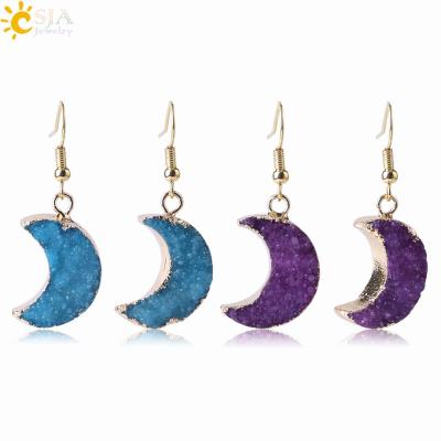 China Natural Druzy Pearl + Moon Shape + Gold Color + CSJA Copper Fashion Statement Natural Druzy Drop Earrings Crescent Moon Women Dangle Earrings Jewelry F970 for sale