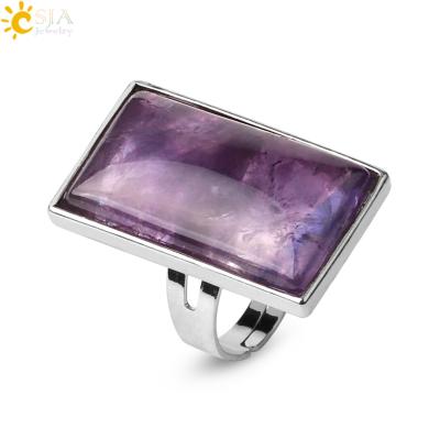 China New Color Stone CSJA Rectangle Quartz Silver Pink Crystal Rectangle Stone Adjustable Healing Ring G456 for sale