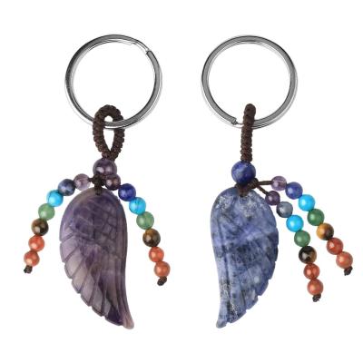 China Natural Stone CSJA 7 Chakra Gem Stone Keychain Natural Angel Wing Healing Tiger Eye Key Chain G774 for sale