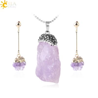 China Fashion Cheap Purple Crystal Crystal Pendant Cheap Natural Gemstone+Amethyst+Rhinestone+Gold/Color+Silver CSJA Natural Gemstone Gemstone Jewelry Sets CSJA Gemstone Jewelry Sets Necklace Earrings Purple Crystal for sale