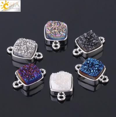 China square-shape + 2 holes + silver metal + flat beads CSJA square-shape double buckles flat druzy connector quartz beads for women diy jewelry making F690 for sale