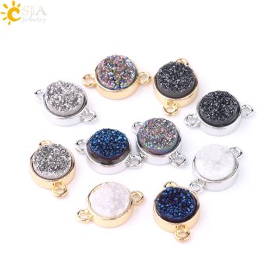 China Round shape + silver & High Quality Natural Silver Round Agate Gold Color Connector Stone CSJA Druzy Connector+2 Bezel Loops For Jewelry Making F686 for sale