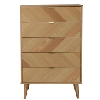 China MODERN Clear Lacquered Wood Modern 5 Drawer White Oak Herringbone Style Veneer Sideboard for sale