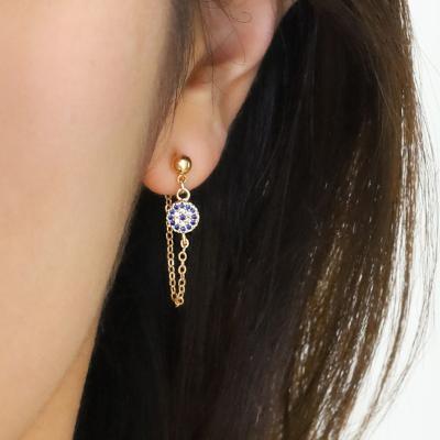 China New Style TRENDY Clip On Earrings 18K AAA Zircon Tassel Evil Eye Unpierced Gold Plated Long Stud Earrings For Women for sale