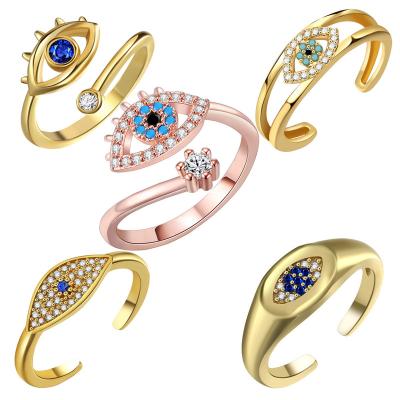 China FASHIONABLE Waterproof CZ Zircon Blue Eye Ring Women Jewelry Stainless Steel Open Diamond 18K Gold Plated Evil Eye Ring for sale