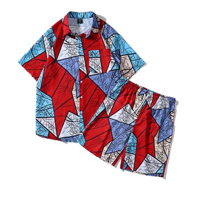 China QUICK DRY Summer Style Fashion Lapel Geometry Print Hawaiian Short Sleeve Shirt Mens Ethnic Tops Shirt Shorts Suits for sale