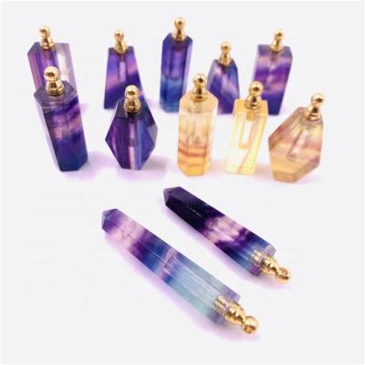 China Natural Colored Fluorite Crystal Polyhedron Europe Rainbow Point Perfume Bottles Essence Oil Bottles Crystal Pendant for sale