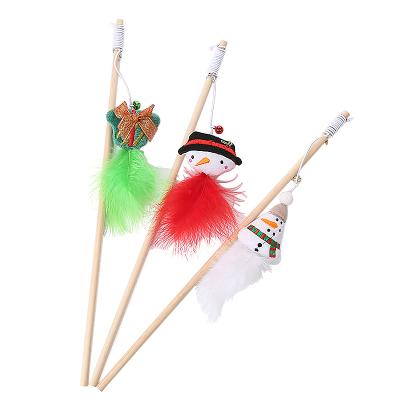 China Hot Selling Eco-Friendly Cats Actions Christmas Interactive Cat Stick Magic Wand Cat Wooden Puzzle Toy With Feather for sale