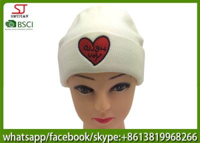 China Chinese manufactuer  red heart embroidered knitting stripe hat  cap  beanie 79g 20*22cm 100%Acrylic keep warm for sale