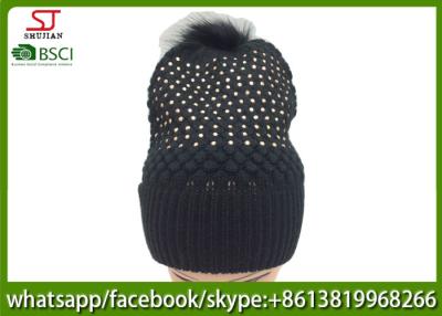 China Chinese manufactuer free faux fur pompom knitting stripe hat  cap  patterns beanie 75g 18*24cm 100%Acrylic keep warm for sale