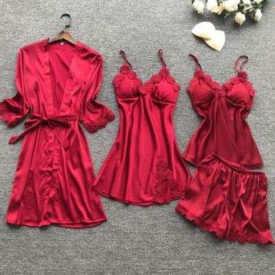 China Custom Logo Lace Sleepwear Summer Women Breathable Satin Pajamas Set Four Piece Sets for sale