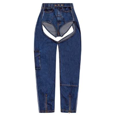 China OEM QUICK DRY dark blue high waist cut tapered leg jeans with light blue three stripes and edge pockets for sale