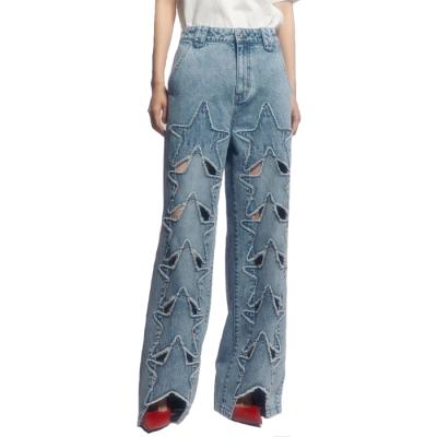 China New Design QUICK DRY Star-pattern OEM Wide Leg Washed High Waist Women's Zipper Fly Jeans for sale