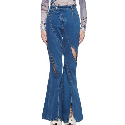 China OEM New Design Indigo Blue Vintage Wash QUICK DRY Cotton Flared Jeans Women Hollow Out Fitted Jeans for sale