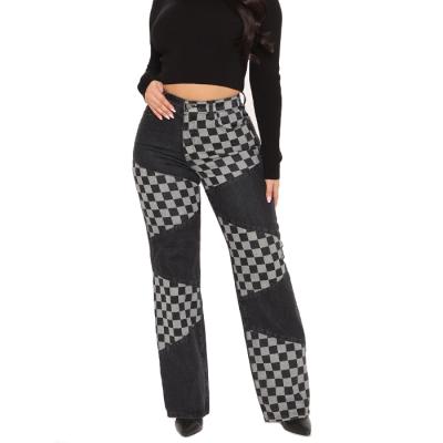 China Fashion Custom QUICK DRY Straight Wide Leg Checkerboard Patchwork Black Jeans Popular Women Plus Size Jeans for sale