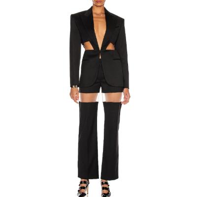 China Anti-Wrinkle OEM Design Women Long Sleeve Cut Out Custom Blazer With Pants Sets Women Ladies Single Button Office Suits for sale