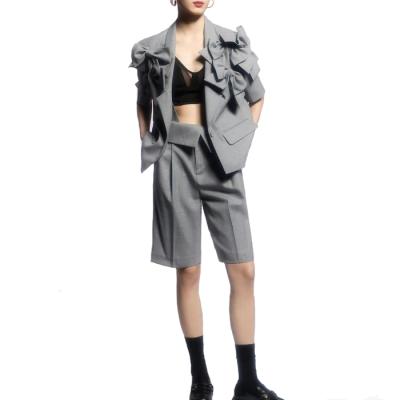 China high quality OEM Anti-wrinkle and button shorts women's gray short sleeve blazer simple blazer with bows suits for sale