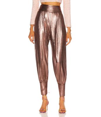 China Anti-wrinkle women fashion shiny high waist loose turnip pants with pleats waistband and elastic edge cuff for sale