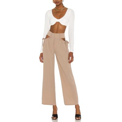 China Anti-wrinkle OEM Ruched Drawstring Hip Cut High Waist Suit Pants Women Wide Leg Pants for sale