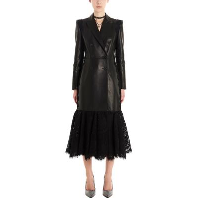 China OEM Black Anti-wrinkle Leather Skirt Tail Lace Insert Lace Cross Gap Coat for sale