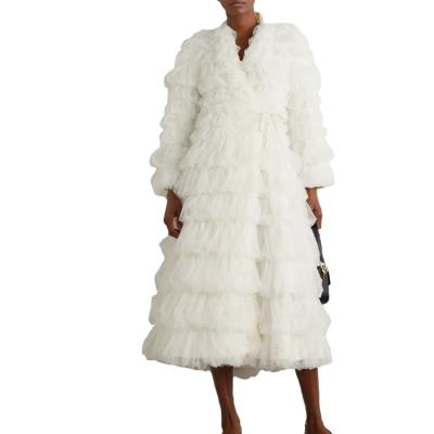 China Anti-wrinkle OEM Custom White Long Sleeve Ruffled Tulle Wrap Coat Women's Long Coat for sale