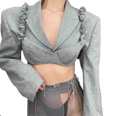 China OEM QUICK DRY shoulder pads folds blazer crop top hollow out jackets for women 2021 autumn clothes blazers womens ladies blazer for sale