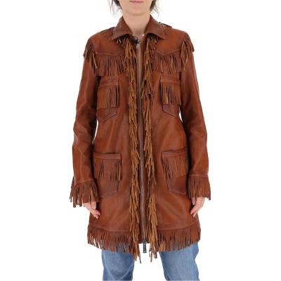 China QUICK DRY Brown Tassel Detail Medium Length Lapel Zipper Leather Jacket Women Coat With Front Pocket for sale