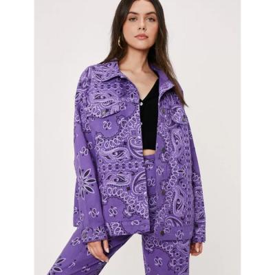 China OEM QUICK DRY Purple All Over Print Denim Oversized Jacket for sale